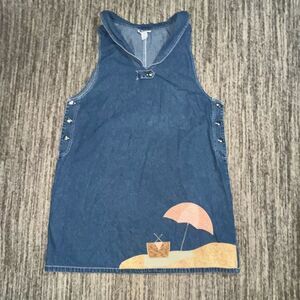Vintage Haiks Women's 20W Plus Denim‎ Jumper Dress Appliqué Beach Print Blue